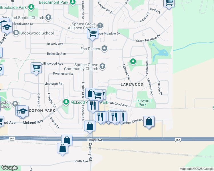 map of restaurants, bars, coffee shops, grocery stores, and more near 14 Landsdowne Drive in Spruce Grove