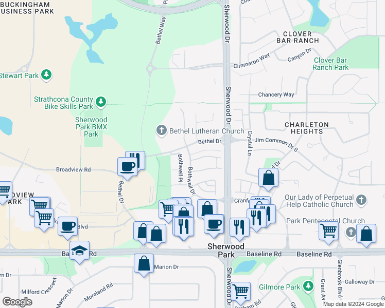 map of restaurants, bars, coffee shops, grocery stores, and more near 109 Bothwell Drive in Sherwood Park