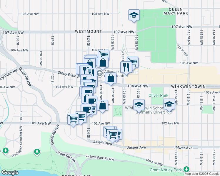 map of restaurants, bars, coffee shops, grocery stores, and more near in Edmonton