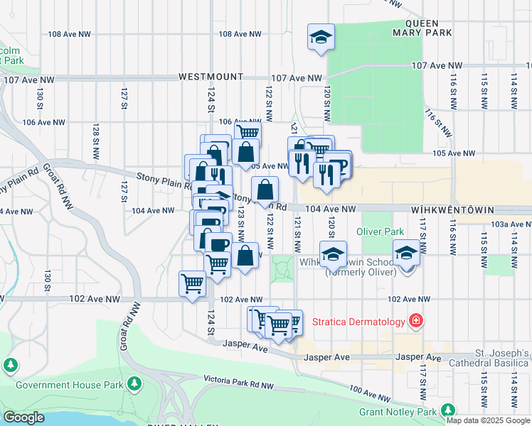 map of restaurants, bars, coffee shops, grocery stores, and more near 10350 122 Street Northwest in Edmonton