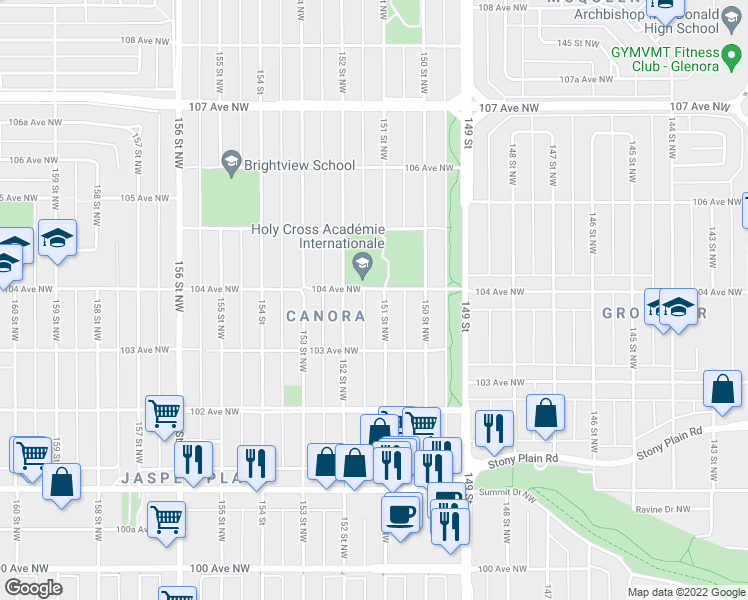 map of restaurants, bars, coffee shops, grocery stores, and more near 10344 151 Street Northwest in Edmonton