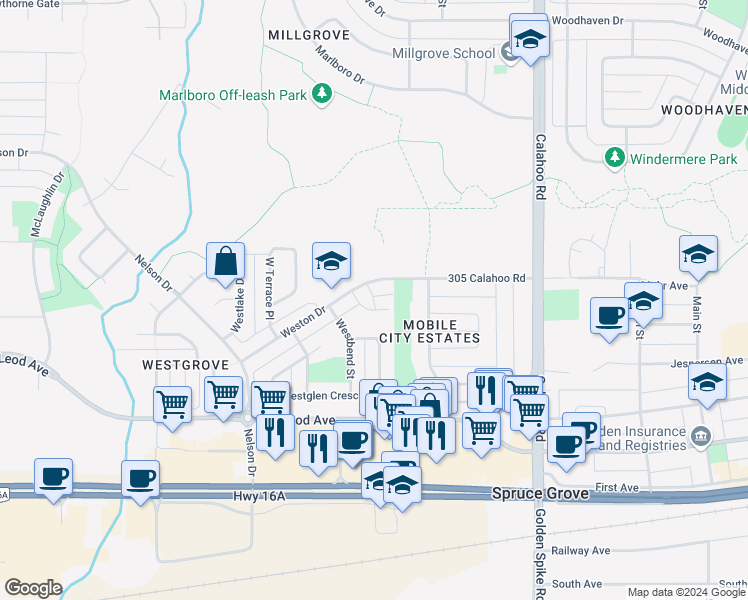map of restaurants, bars, coffee shops, grocery stores, and more near Weston Court in Spruce Grove