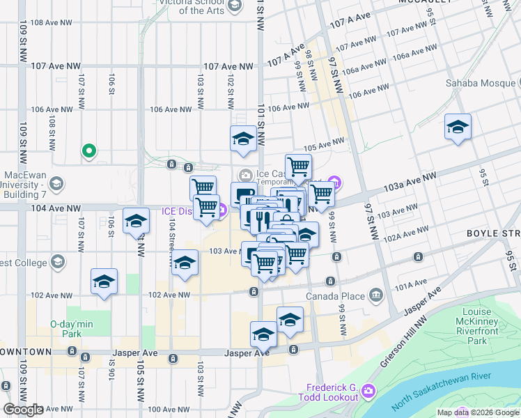 map of restaurants, bars, coffee shops, grocery stores, and more near in Edmonton