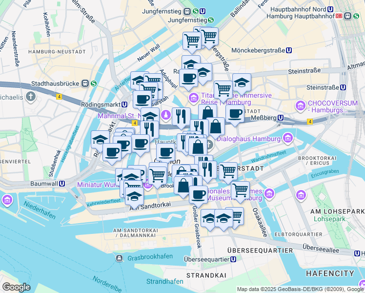 map of restaurants, bars, coffee shops, grocery stores, and more near 23-25 Katharinenstraße in Hamburg