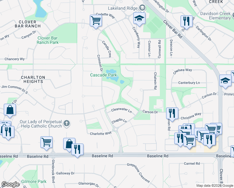 map of restaurants, bars, coffee shops, grocery stores, and more near 48 Clearwater Lane in Sherwood Park