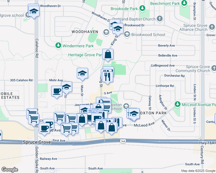 map of restaurants, bars, coffee shops, grocery stores, and more near 420 King Street in Spruce Grove