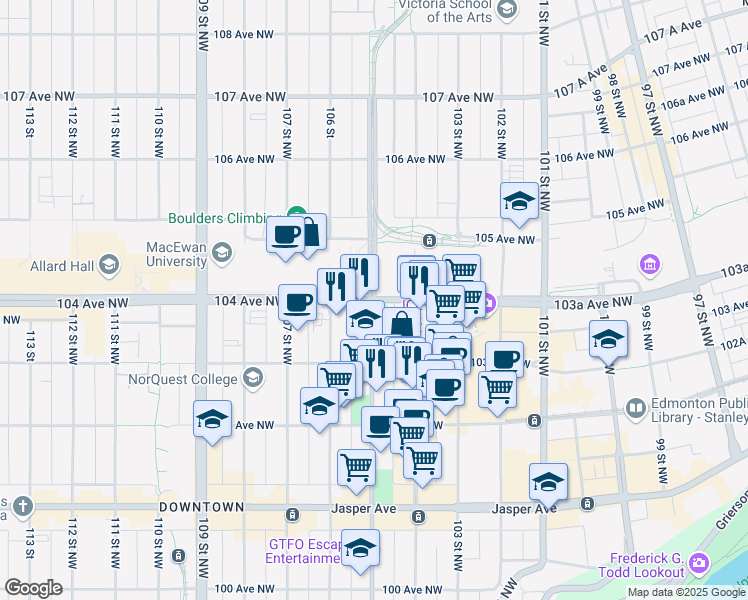 map of restaurants, bars, coffee shops, grocery stores, and more near 105 St NW & 104 Ave NW in Edmonton