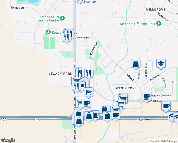 map of restaurants, bars, coffee shops, grocery stores, and more near 111 McLaughlin Drive in Spruce Grove