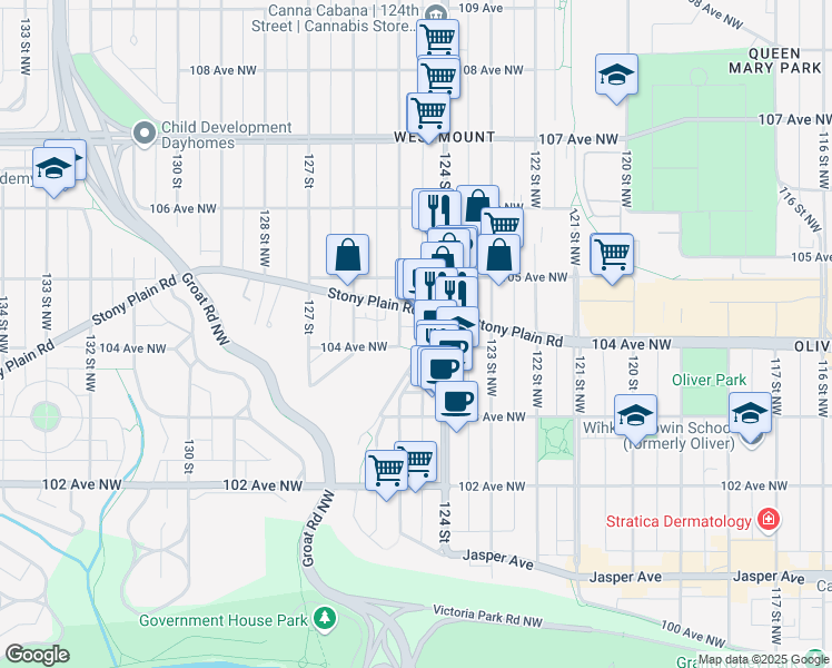map of restaurants, bars, coffee shops, grocery stores, and more near 12411 Stony Plain Road in Edmonton
