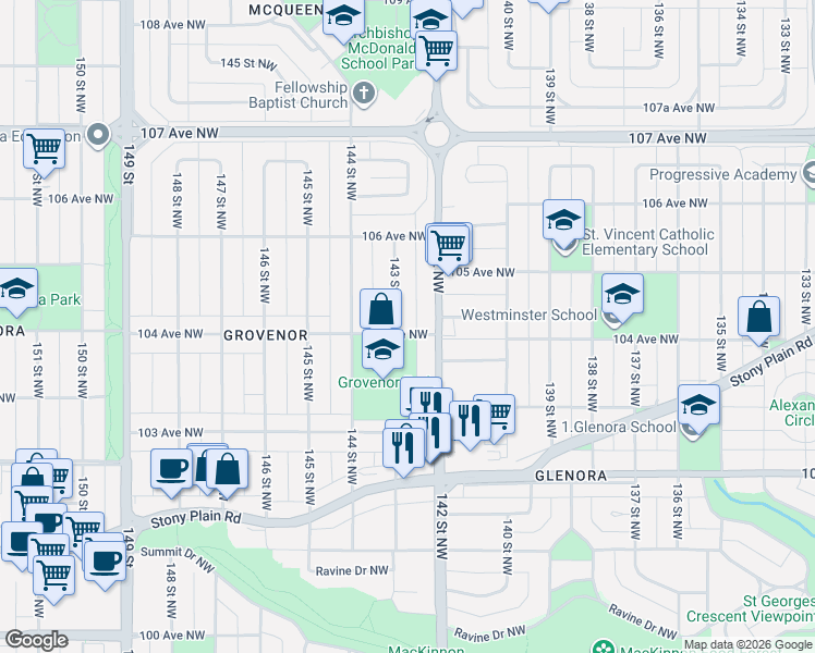 map of restaurants, bars, coffee shops, grocery stores, and more near 10420 142 Street Northwest in Edmonton
