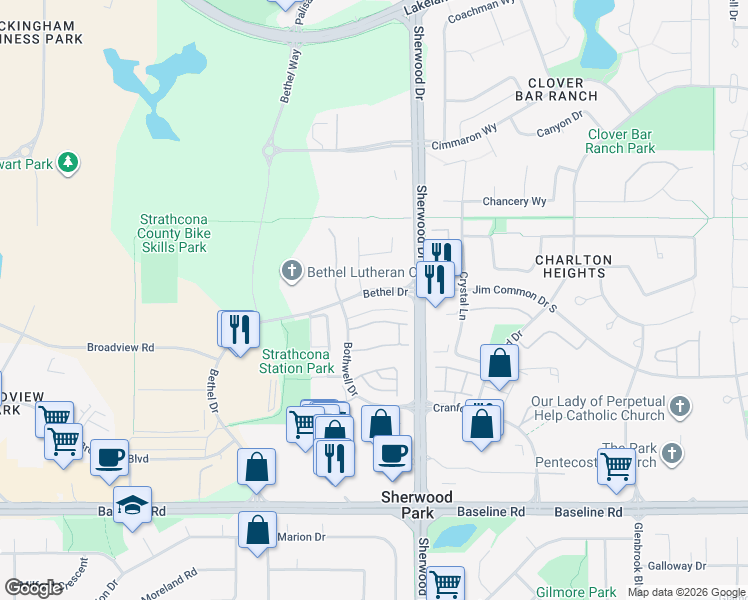 map of restaurants, bars, coffee shops, grocery stores, and more near 47 Bethel Drive in Sherwood Park