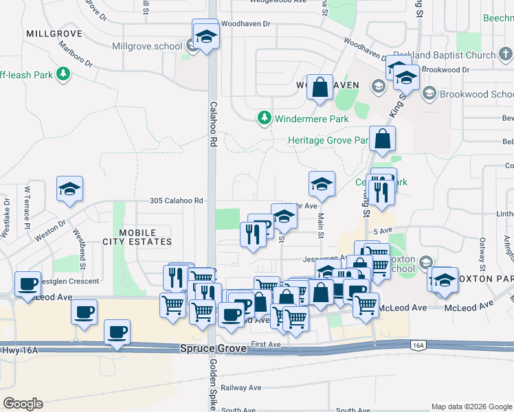 map of restaurants, bars, coffee shops, grocery stores, and more near 111 Mohr Avenue in Spruce Grove