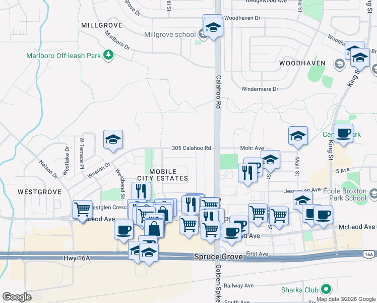 map of restaurants, bars, coffee shops, grocery stores, and more near in Spruce Grove