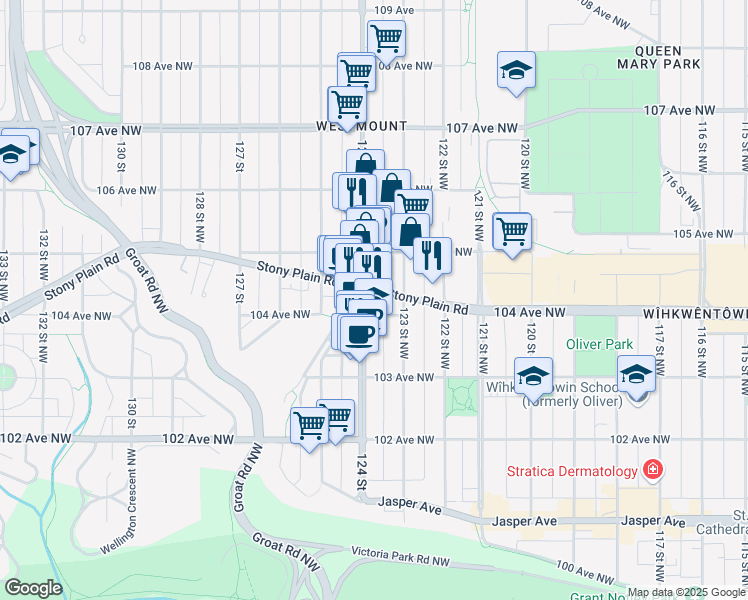 map of restaurants, bars, coffee shops, grocery stores, and more near 10422 123 Street Northwest in Edmonton