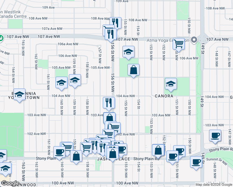 map of restaurants, bars, coffee shops, grocery stores, and more near 15516 104 Avenue Northwest in Edmonton