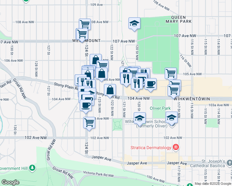 map of restaurants, bars, coffee shops, grocery stores, and more near 10403 122 Street Northwest in Edmonton