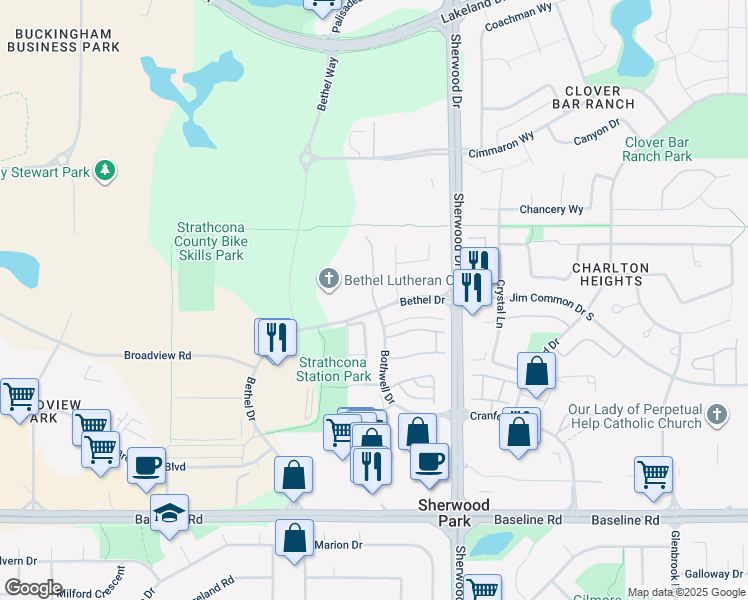 map of restaurants, bars, coffee shops, grocery stores, and more near in Sherwood Park