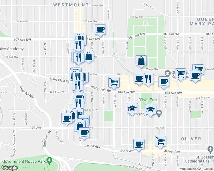 map of restaurants, bars, coffee shops, grocery stores, and more near 10403 122 Street Northwest in Edmonton