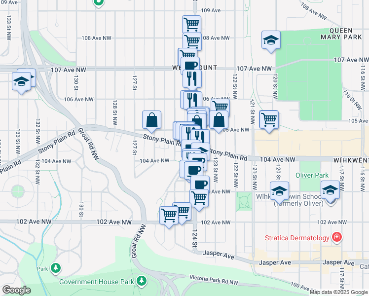 map of restaurants, bars, coffee shops, grocery stores, and more near 12411 Stony Plain Road in Edmonton