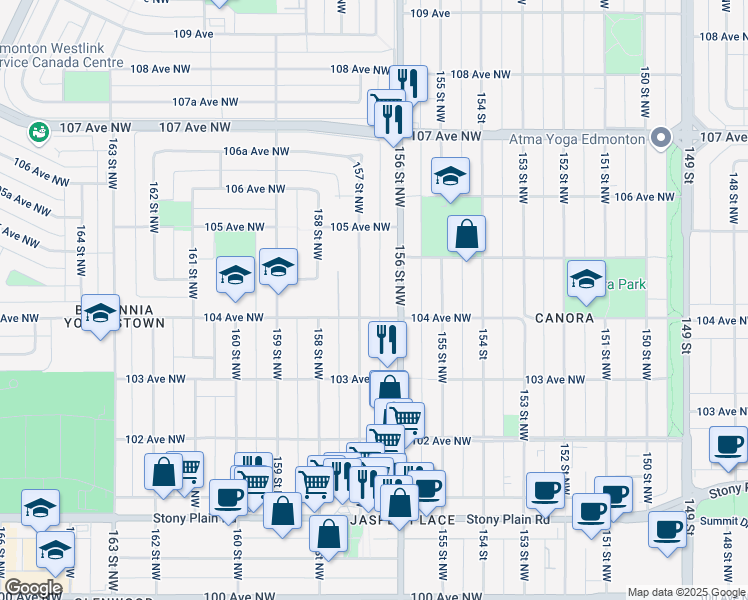 map of restaurants, bars, coffee shops, grocery stores, and more near 10411 157 Street Northwest in Edmonton