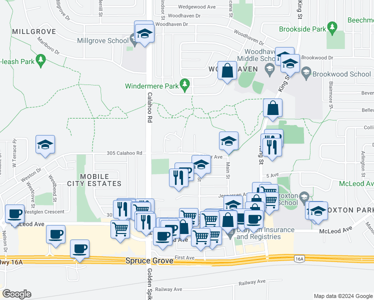 map of restaurants, bars, coffee shops, grocery stores, and more near 111 Mohr Avenue in Spruce Grove