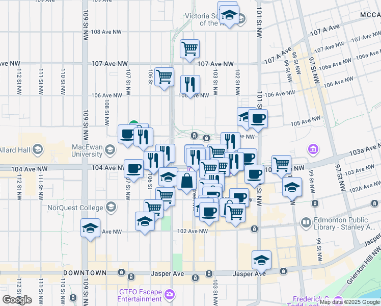 map of restaurants, bars, coffee shops, grocery stores, and more near 10411 105 Avenue Northwest in Edmonton