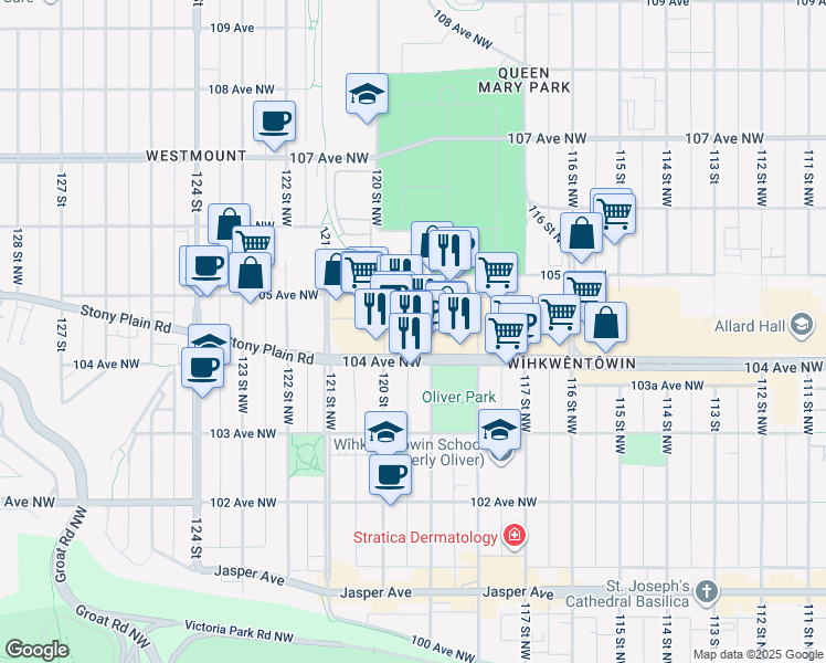 map of restaurants, bars, coffee shops, grocery stores, and more near 11952 104 Avenue Northwest in Edmonton