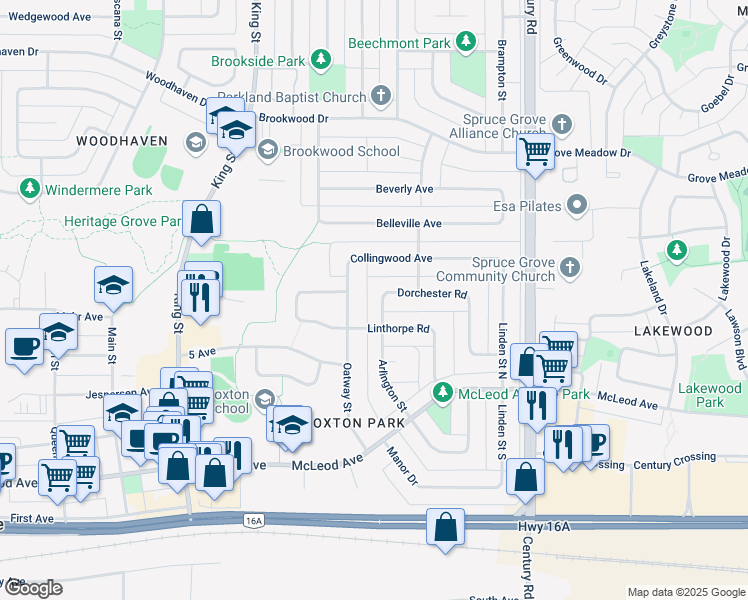map of restaurants, bars, coffee shops, grocery stores, and more near 42 Arlington Street in Spruce Grove