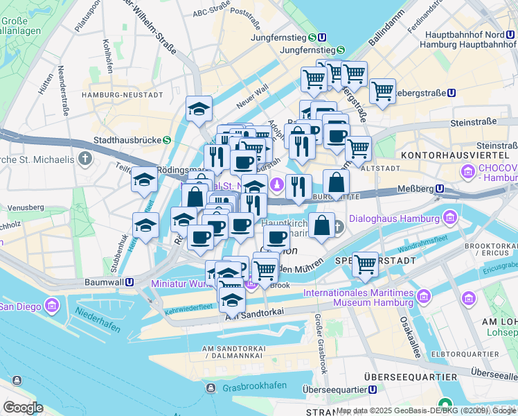map of restaurants, bars, coffee shops, grocery stores, and more near 69 Willy-Brandt-Straße in Hamburg