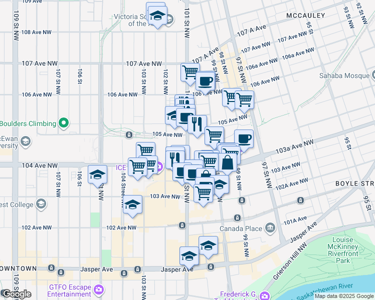 map of restaurants, bars, coffee shops, grocery stores, and more near in Edmonton