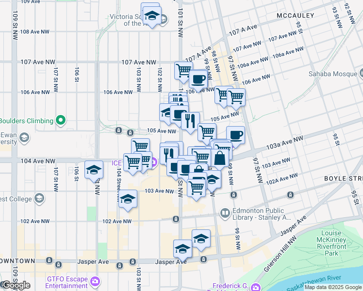 map of restaurants, bars, coffee shops, grocery stores, and more near 10423 101 Street Northwest in Edmonton