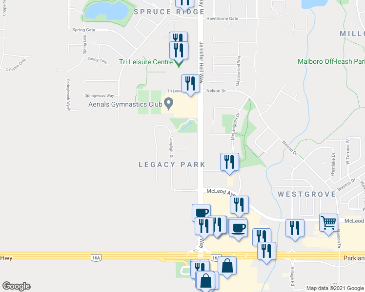map of restaurants, bars, coffee shops, grocery stores, and more near 42 Lamplight Bay in Spruce Grove