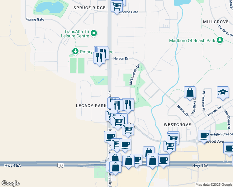 map of restaurants, bars, coffee shops, grocery stores, and more near 121 McLaughlin Drive in Spruce Grove