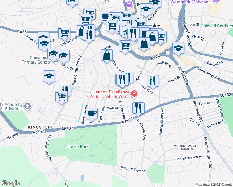 map of restaurants, bars, coffee shops, grocery stores, and more near Spring Street in South Yorkshire