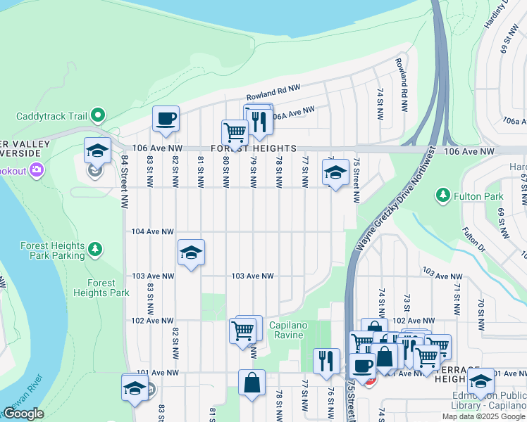 map of restaurants, bars, coffee shops, grocery stores, and more near 10422 78 Street Northwest in Edmonton