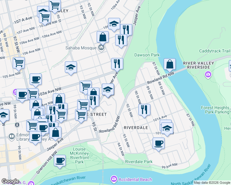 map of restaurants, bars, coffee shops, grocery stores, and more near 10245 Alex Taylor Road Northwest in Edmonton