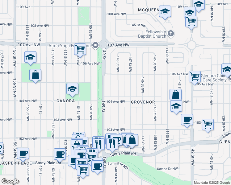map of restaurants, bars, coffee shops, grocery stores, and more near 10427 149 Street in Edmonton