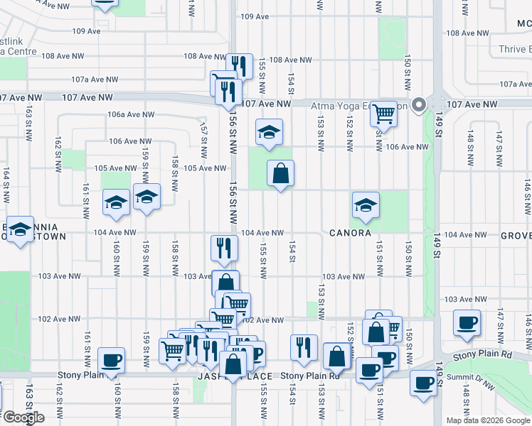 map of restaurants, bars, coffee shops, grocery stores, and more near 10421 155 Street Northwest in Edmonton