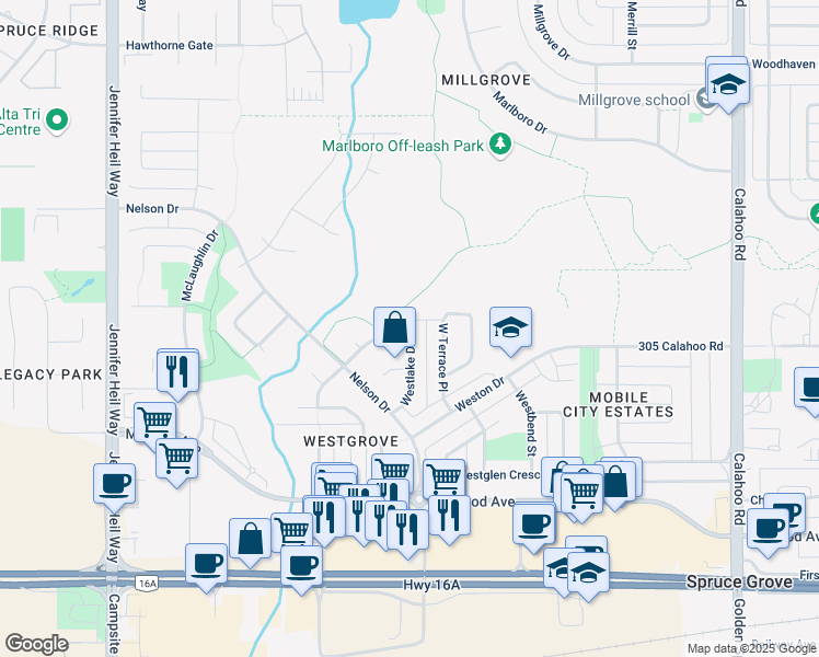 map of restaurants, bars, coffee shops, grocery stores, and more near 43 Westlake Drive in Spruce Grove