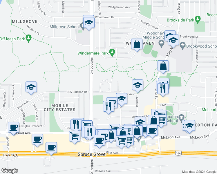 map of restaurants, bars, coffee shops, grocery stores, and more near 203 Spruce Glen in Spruce Grove