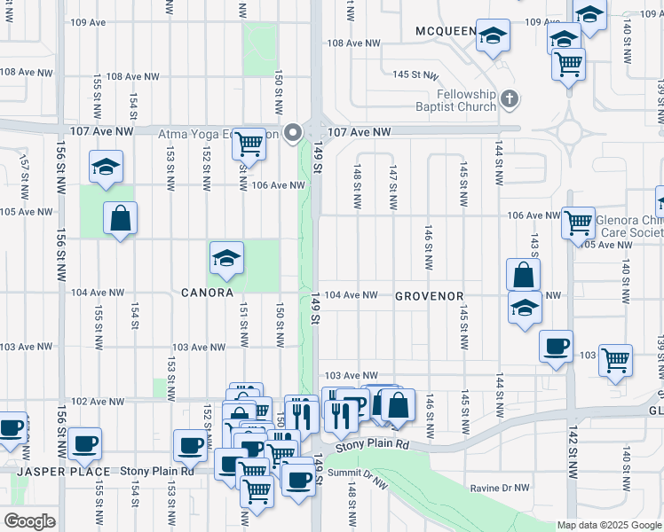 map of restaurants, bars, coffee shops, grocery stores, and more near 10427 149 Street in Edmonton