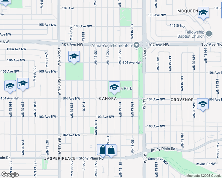 map of restaurants, bars, coffee shops, grocery stores, and more near 10425 152 Street Northwest in Edmonton