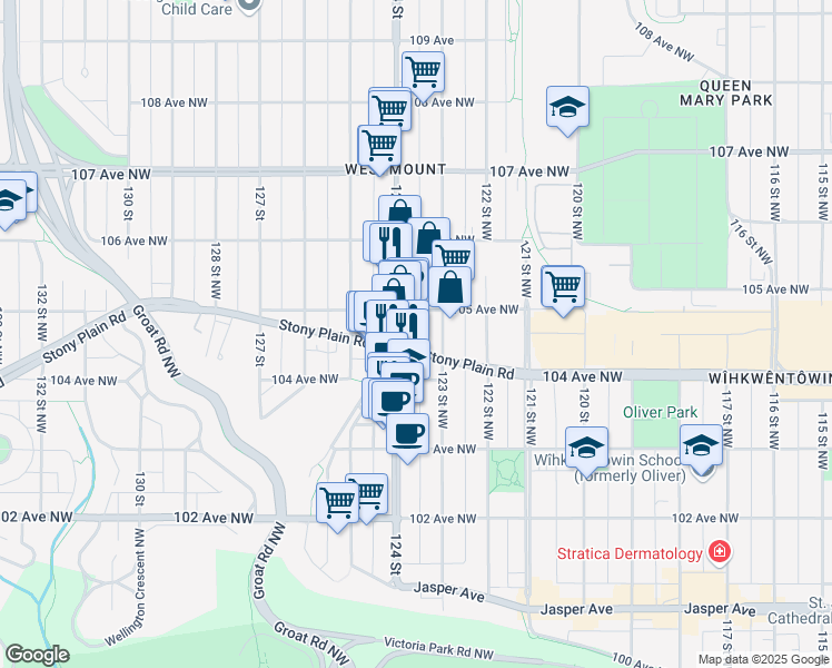 map of restaurants, bars, coffee shops, grocery stores, and more near 10432 123 Street Northwest in Edmonton