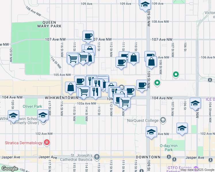 map of restaurants, bars, coffee shops, grocery stores, and more near 11230 104 Avenue Northwest in Edmonton