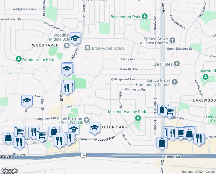 map of restaurants, bars, coffee shops, grocery stores, and more near 30 Oatway Street in Spruce Grove