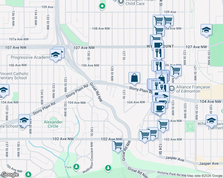map of restaurants, bars, coffee shops, grocery stores, and more near Glenora Pointe in Edmonton