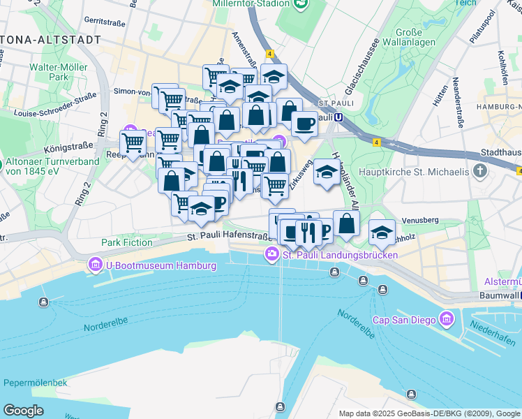 map of restaurants, bars, coffee shops, grocery stores, and more near 2 Zirkusweg in Hamburg