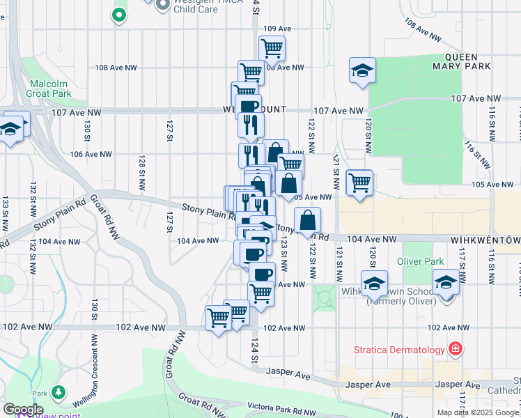 map of restaurants, bars, coffee shops, grocery stores, and more near 10432 123 Street Northwest in Edmonton