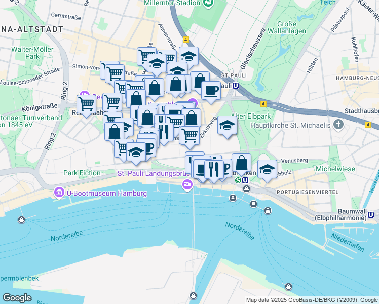 map of restaurants, bars, coffee shops, grocery stores, and more near 2 Zirkusweg in Hamburg