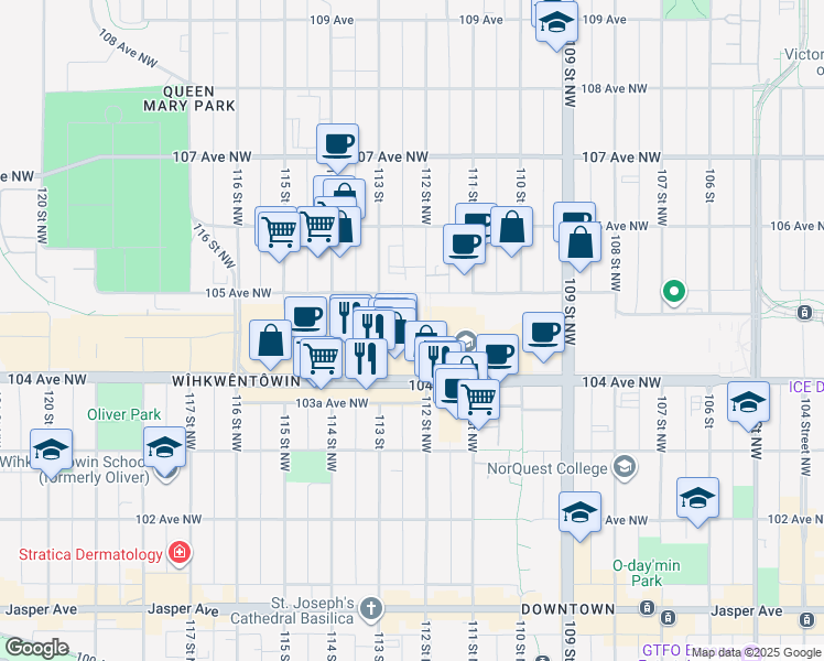 map of restaurants, bars, coffee shops, grocery stores, and more near 11230 104 Avenue Northwest in Edmonton